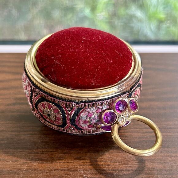 Vintage Red Velvet Pin Cushion with Brocade Trim and Jeweled Handle - Picture 3 of 5